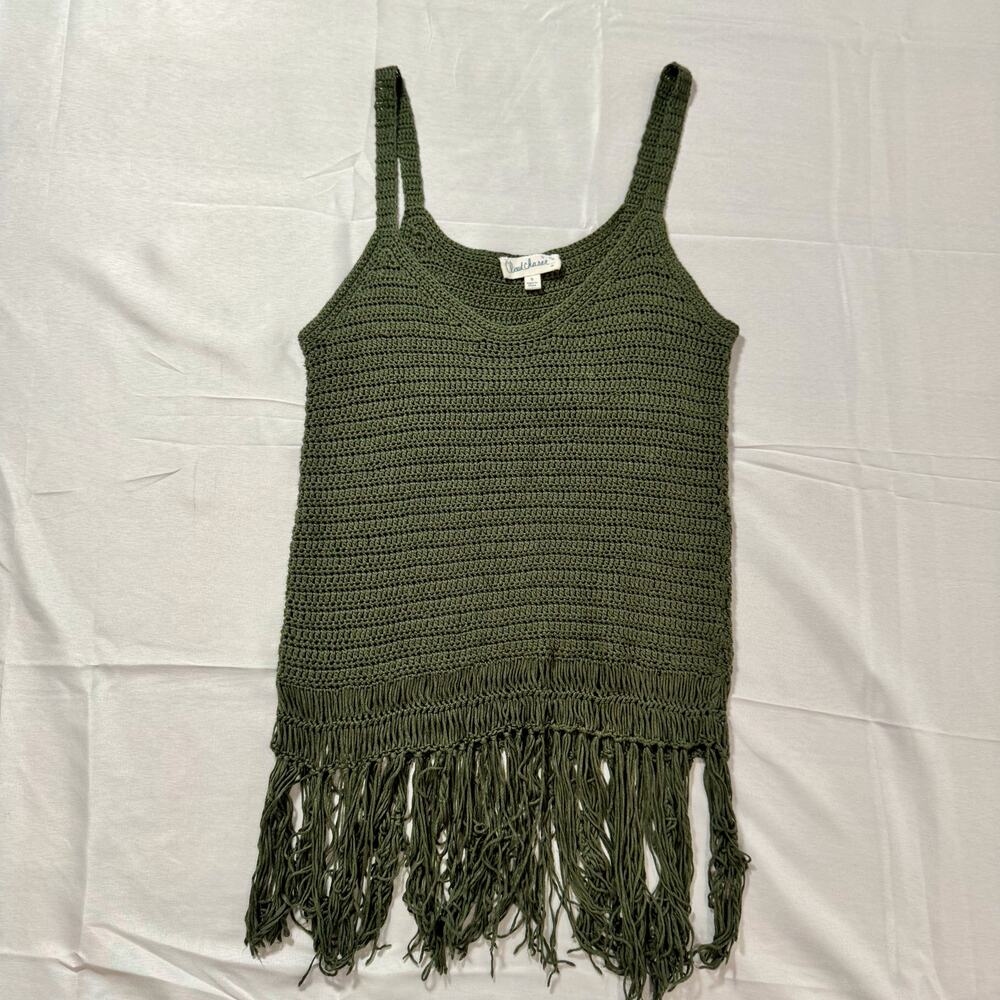 Olive Green Crochet Fringe Hem Tank Top Boho Festival Knit Women's Small Indie - Picture 10 of 11